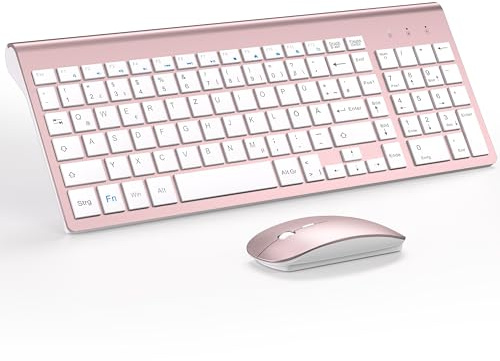 Tastatur Maus Set Ultra Slim, TopMate 2,4G Stille Compact USB 2400DPI Maus und Schissschalter Tastatur mit Abdeckung, mit 2 AA & 2 AAA Batterien für PC/Laptop/Windows/Mac-Rose Gold Weiß