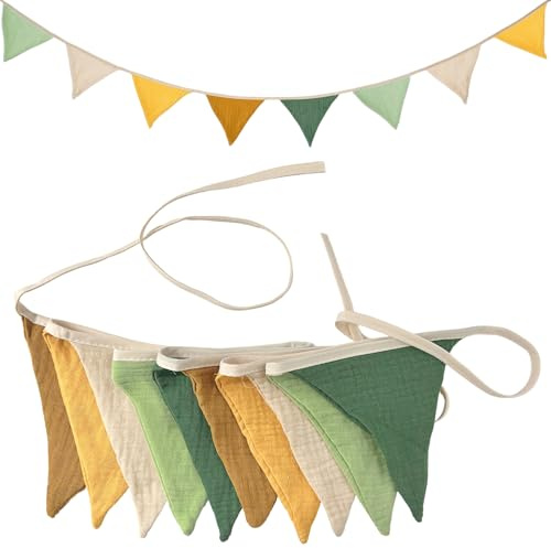 VLYX Guirlande en Tissu - Fanion Triangulaire en Coton Coloré Recto-Verso pour Chambre d’Enfant, Jardin, Fête, Mariage, Anniversaire et Déco Intérieure (Vert Fruit Morandi)