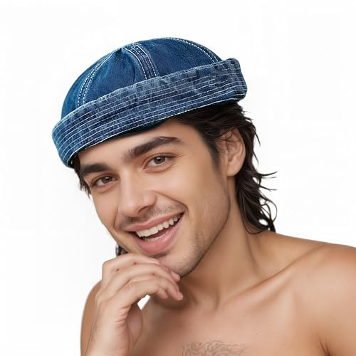 Fashionabel denim-vintage docker-beanie-mössa, unisex, för män och kvinnor, kantlös, med manschett, dödskallemössa, justerbar, blå, one size