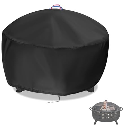 Flymer Fire Pit Cover Round Heavy Duty Waterproof Windproof, 71 x 56cm | 500D Oxford Fabric, Bottom Drawstring, 2 Bottom Buckles, Handle, Waterproof Strips, Outdoor Firepit Cover