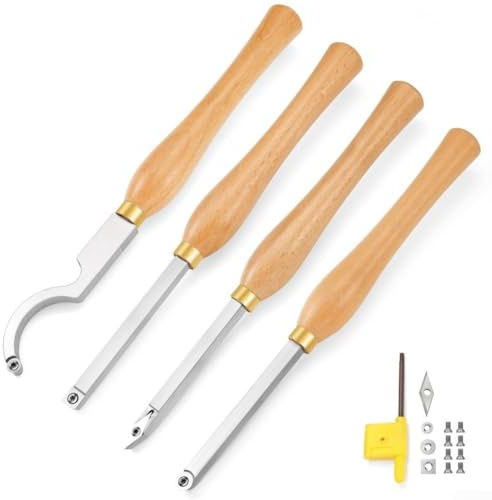 Il set di utensili per tornio ergonomico per legno include 4 utensili da taglio in carburo, chiave esagonale, viti di ricambio e manici in legno di faggio antiscivolo per un uso affidabile e preciso