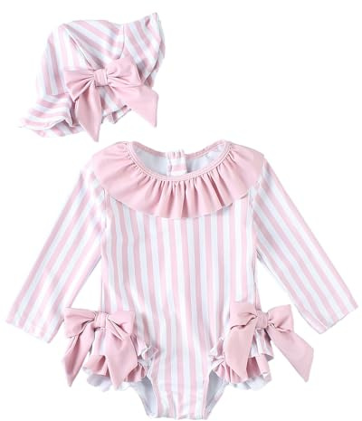 JiAmy Traje de baño de una pieza para niñas pequeñas, manga larga, con cremallera, lazo, traje de baño con protector de erupción con sombrero de sol, Rosado, 0-3 Months