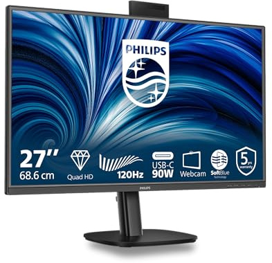 PHILIPS Monitor 27B2U3601H 27 pollici 2560x1440, WQHD, 120Hz, IPS Panel, 4ms GtG, USB HubWebcam, Speakers, Height Adjustment, (HDMI1x 2.1 TMDS DP 1x 1.4) Nero