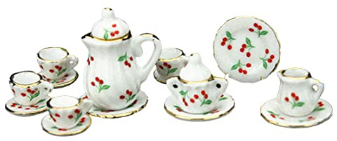 Juego de té en Miniatura para casa de muñecas, Taza de Porcelana, Plato, Plato, Estampado de Cereza Floral, vajilla de Comedor 1:12, 15 Uds.