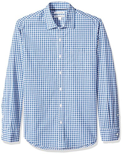 Amazon Essentials Camicia in Popeline a Maniche Lunghe Slim Uomo, Blu A Quadretti, M