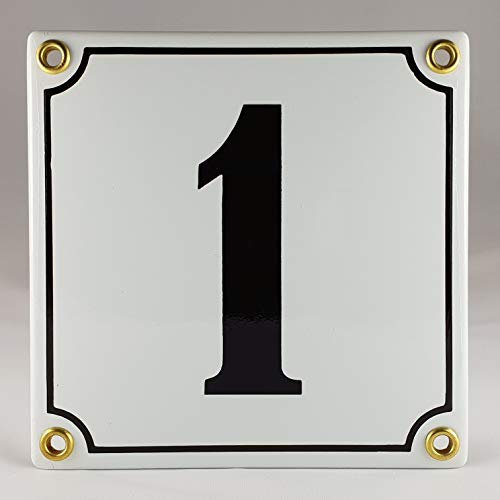 Hausnummer Emaille Schild Nr. 1 Weiß-Schwarz Handarbeit mit Schrauben und Dübel zur Montage