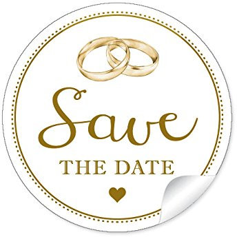48 STICKER: Save the Date schöne Etiketten im Vintage-Retro-Look in weiß mit liebevoll illustrierten Ringe und Herz zur Hochzeit • A4 Bogen) • Papieraufkleber: 4 cm, rund, matt