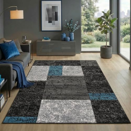 Carpetsale24 Teppich 200x290 cm Kurzflor Konturenschnitt in Schwarz Grau Blau Kariertes Design, Extra Weich, Pflegeleicht, Waschbar Für Wohnzimmer, Schlafzimmer, Esszimmer