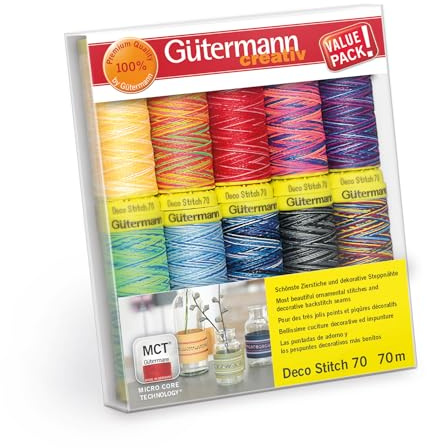 Gütermann creativ Set filo da cucito con 10 bobine di filo decorativo Deco Stitch 70 da 70 m in diverse tonalità tinta multicolore