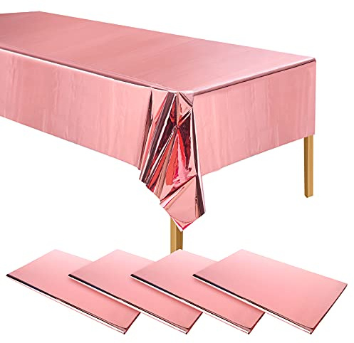 ELECLAND 4 Stück Metallic Rose Gold Kunststoff Tischdecken, 137 x 274 cm Rechteckige Folie Tischdecke für Hochzeit, Babyparty, Geburtstag Party Dekoration