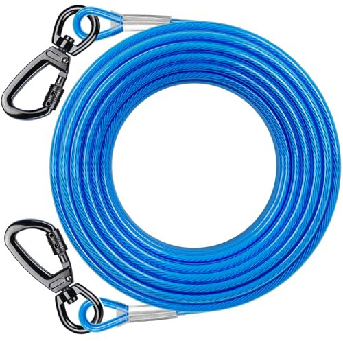 Dog Tie Out Cable with 360° Swivel Lockable Hook and PVC Coating, 10ft 15ft 20ft 25ft 40ft 60ft 120ft Reflective Dog Lead Line, Galvanized Steel Wire Rope for Small Medium Pet Up to 60, 120, 250 lbs