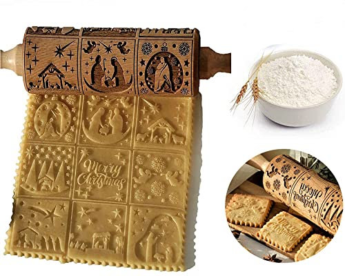 Mattarello per Natale con incisione presepe di Natale in legno, mattarello da cucina, strumento fai da te, attrezzatura decorativa per la cottura con 9 diverse scene, regalo di Natale per biscotti