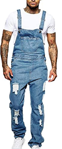 Salopette in Denim con Bretelle strappate da Uomo Pantaloni Jeans Strappati con Tuta Casual alla Moda