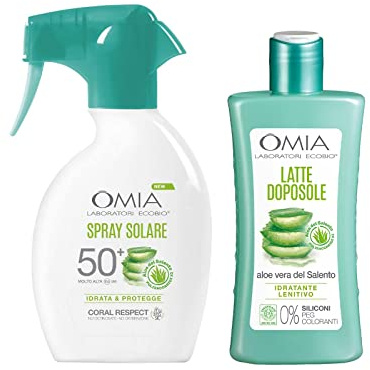 Omia, Solar-Routine-Set mit Sonnenauslöser LSF 50+, Aftersun-Milch auf Basis von Aloe Vera aus Salento, feuchtigkeitsspendende und beruhigende Formel, Kit für empfindliche und zarte Haut, wasserfest