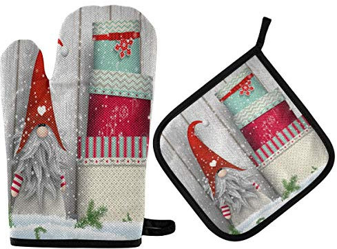 Skandinavischer Weihnachtswichtel (2) Ofenhandschuhe und Topflappen Set, Hitzebeständig Anti-Rutsch Handschuhe Hot Pads Isoliert für BBQ, Grill, Backen, Kochen, Ofen, Mikrowelle, Küche Geschenk