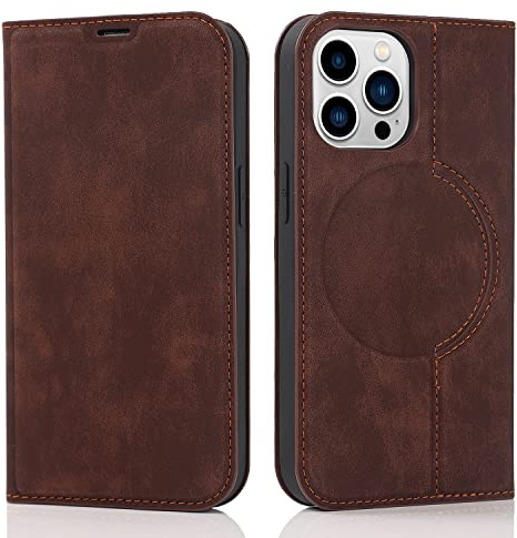 QLTYPRI Hülle für iPhone 13 Pro Max Kompatibel mit MagSafe, Ledertasche Handyhülle [RFID Schutz] Flip Case mit Kartenhalter Ständer Magnet Klapphülle für iPhone 13 Pro Max - Kaffee