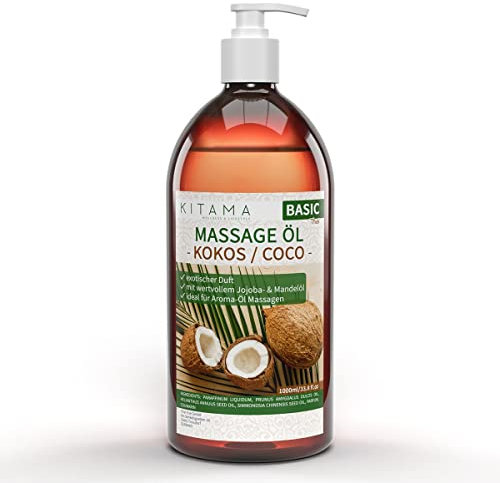 Kitama Massageöl Kokos 1-Liter - exotischer Duft von Kokosnüssen für pflegende Massage zuhause & in der Massagepraxis - Aromaöl - Thai Massage-Öl, made in Germany