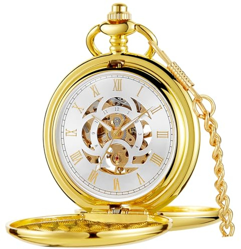 Tiong Vintage Double Hunter Pocket Watch with Chain Smooth Steel Mechanical Steampunk Roman Numerals Pocket Watch & Gift Box Men Best Gift