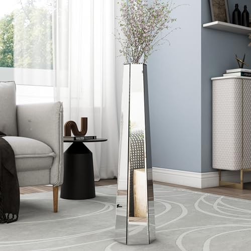 SHYFOY Jarrones Decorativos de Suelo Grandes, Floreros Decorativos Espejo Modernos, Estructura MDF, 76 x 18 x 10 cm, Plata