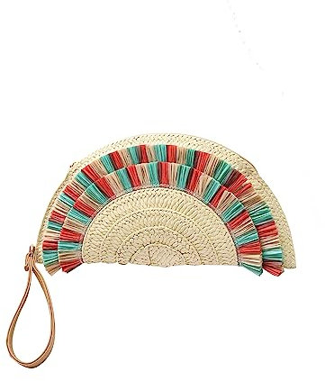 CORIOS Damen Gewebte Tasche Handgefertigte Strohtasche Halbkreisförmig Handtasche Sommer Strandtaschen Frauen Handgewebt Basttasche Böhmische Tote Beutel Retro Tragetasche Farbiges Stroh