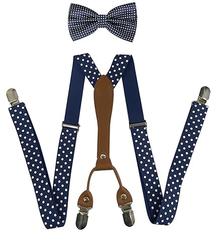 SUNTRADE Set di bretelle e papillon da uomo, 4 clip, bretelle elastiche a X Band + papillon per matrimonio, evento formale, Blu navy/bianco, M