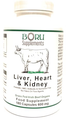 Boru Supplements Grass Fed Irish Beef Liver Heart Kidney Vitamins B12, Coenzyme Q10, Iron, Zinc, Selenium (180 Capsules) Organically Reared
