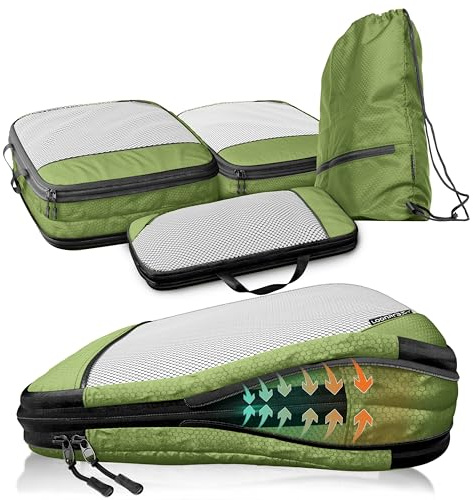 Compression Packing Cubes Set - Packwürfel Koffer Organizer Set Kompression | 40-50l, grün, 2x mehr Platz im Koffer & Rucksack, reißfest, wasserfestes Fach, Backpacking, Sightseeing, Familienausflüge