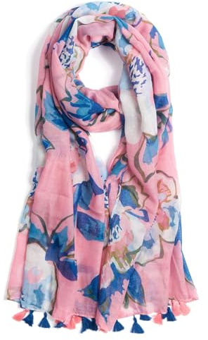 QIUTIMIY Scarf for Women Lightweight Soft Floral Printed Scarves Fall Winter Fashion Shawl Wrap with Fringe(Flower-Pink Blue)