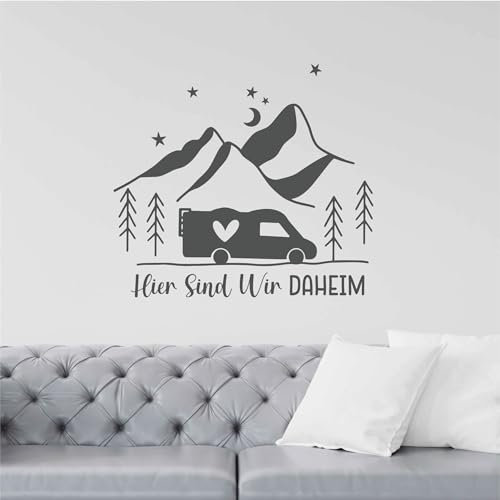 Indigos UG - Wandtattoo Wohnzimmer - Wandaufkleber Camping hier sind wir daheim - Dunkelgrau 60x54cm - Aufkleber Kinderzimmer Schlafzimmer Küche Badezimmer Büro Dekoration