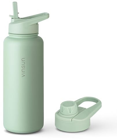 VINSUN Stainless Steel Water Bottle Green 1L - Leakproof, Carbonic Acid Suitable, BPA Free - Straw Lid, Drinking Opening - Thermo Bottle for Sport, Outdoor, School, Hiking, Office, Camping