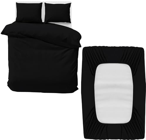 MOONLIGHT20015 Double Bedding Set 4 Piece Duvet Cover Fitted Sheet with Pillow cases Soft Brushed Microfiber Duvet Cover sets Black