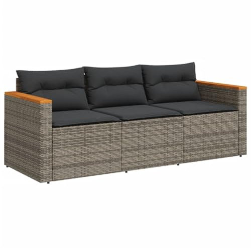 vidaXL Gartensofa 3-Sitzer, Loungesofa Sofa mit mit Kissen, Sitzgruppe Stahlrahmen, Gartenmöbel Lounge Rattanmöbel, Grau Poly Rattan