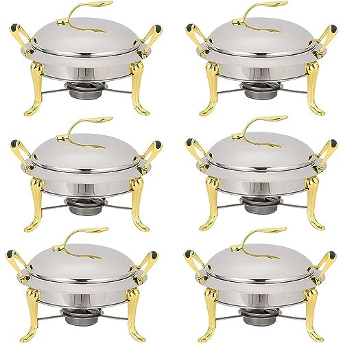 SilteD 3L Chafing Dish Set, Full Size Stainless Steel Round Buffet Server with Pans, Lid and Fuel Holders, for Catering Party Wedding Dinner Food Warmer (2/3/4/6 Pack) (Gold,6pack)