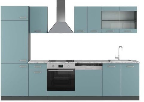 Vicco Küchenzeile R-Line, Küchenblock, Blau-Grau/Anthrazit, 300 cm, AP Marmor