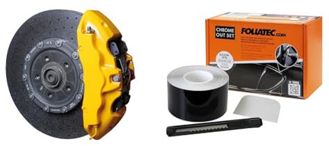 Foliatec Bremssattel Lack Set, Hitzebeständig, Komplettsatz für 4 Bremssättel, Performance Yellow, 7-teiliges Set & Chrome Out Set Zierleisten Folie Schwarz Glänzend