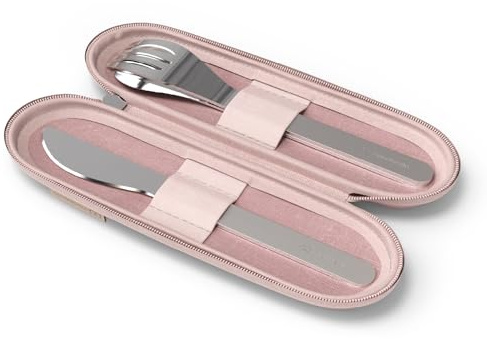 MONBENTO - MB Slim Nest Trio Messer Rosa – Besteck für Lunch Box mit Etui – Ideal für Essen im Büro/Picknick – Gabel, Löffel, Messer wiederverwendbar aus Edelstahl