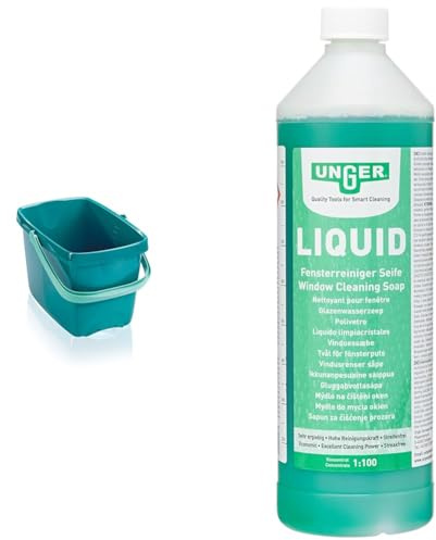 Leifheit Combi Bucket, 12 Litre, Sturdy Rectangular Shape, W 37.5 x D 26.5 x H 24.5cm & UNGER FR100 Window Cleaning Liquid Soap - Smear Free Window Glass Cleaner 1L