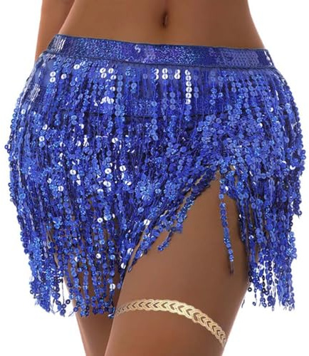 Unicra Sequins Tassel Skirst Belly Dance Skirt Festival Outfit Ballet Dance Fringe Hip Scarf Costume Rave Mini Skirts for Women and Girls (Deep Blue)