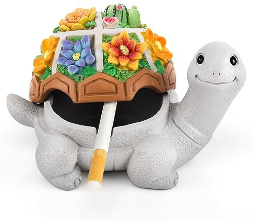 Outdoor Ashtray with Lid Smokeless Waterproof Ash Tray with Cute Turtle Decor, Resin Indoor Ashtray for Cigarettes Home Office, Porch Patio Decorations (Orange)