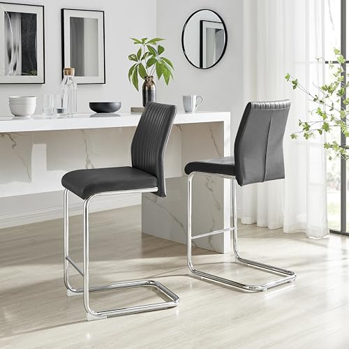 Furniturebox UK Counter Stools - Lorenzo - 2x Black Faux Leather Upholstered Dining Counter Stools Silver Chrome Metal Legs - Cantilever Leg - Vertical Stitching - Modern Dining Kitchen Furniture