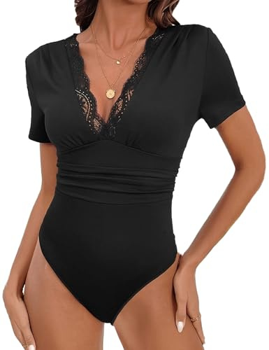 Everbellus Body Sexy in Pizzo da Donna, Scollo a V Profondo, Bodysuit Top, Magliette a Maniche Corte, Abiti Casual di Base Nero X-Large