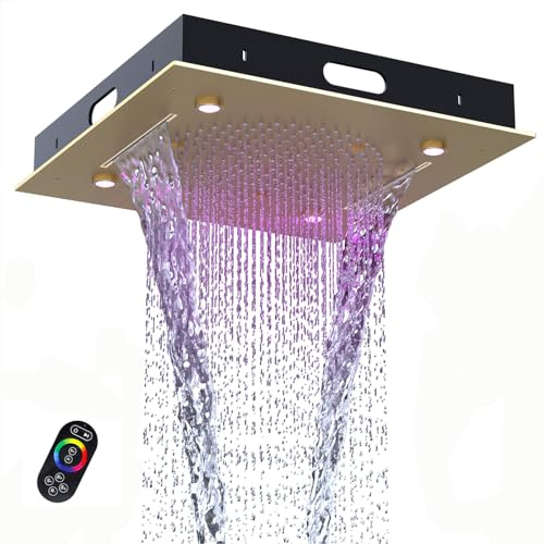 Enga 3-Mode 20 Inch LED Shower Head - High Flow Rainfall Showerhead - Waterfall Full Body Coverage - Mist Spa Shower, Universal Ceiling/Recessed Mount, Brushed Gold