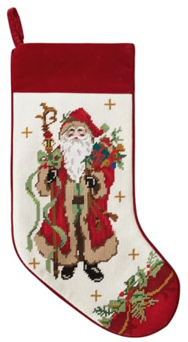 Peking Handicraft Santa with Staff Embroidered Needlepoint Stocking, 18-Inch, Multicolor