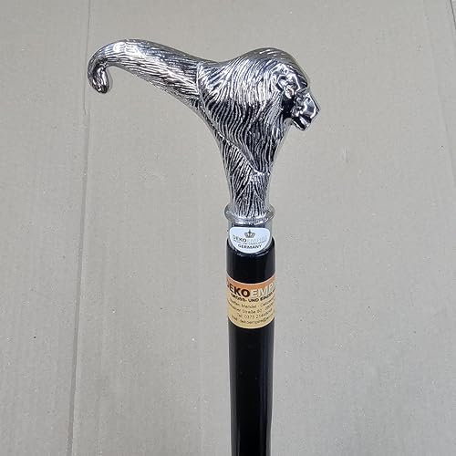 Elegante bastón decorativo de madera con mango de metal plateado, 95 cm de largo y 550 gramos de peso, con mango de goma antideslizante resistente León