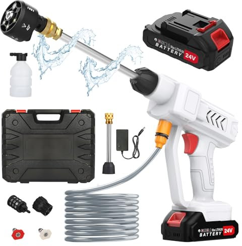 Akku Hochdruckreiniger, Kabelloser Handgehaltene Hochdruckreiniger, mit 2 wiederaufladbaren Batterien, 6-in-1-Multifunktionsdüse, 5m Schlauch, für Auto, Terrasse, Rasenflächen
