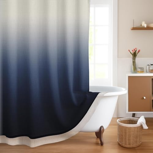 Emvency Boho Farmhouse Navy Blue Ombre Tassel Shower Curtain Set, Modern Bohemian Minimalist Neutral Linen Fabric Cloth Shower Curtains for Bathroom Decor 72 x 72 Inches with Upgraded Metal Hooks
