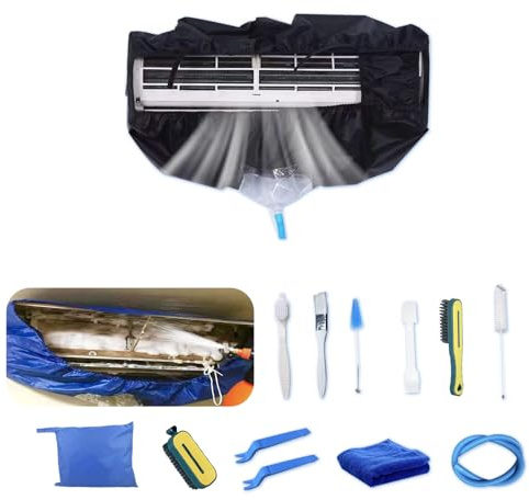 Kikepilm Kit de Limpieza Profunda para Limpieza de Aire Acondicionado, Bolsa de Limpieza de Aire Acondicionado con Manguera de Agua (13 Piezas, Grande, Negro)