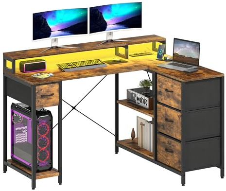 DWVO Schreibtisch L Form, 140x100x85cm Eckschreibtisch Reversibel mit 4 Schubladen&Monitorablage, Tisch L Form mit 2 USB-Ladeanschluss&2 Steckdose für Homeoffice, Braun Schwarz Weiß (Braun) | Reversibel Eckschreibtisch, Gaming Tisch Home Office, Monitorablage, Stahlrahmen Holzplatte, CPU-Ständer