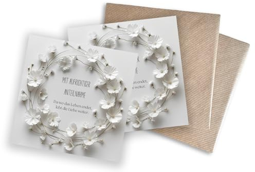 WBdesignz 2er-Set Trauerkarten mit Blumenkranz – Beileidskarten mit stilvollem Spruch – Kondolenzkarten zum Abschied – inkl. Umschläge (125 x 125 mm) (2er-Set)
