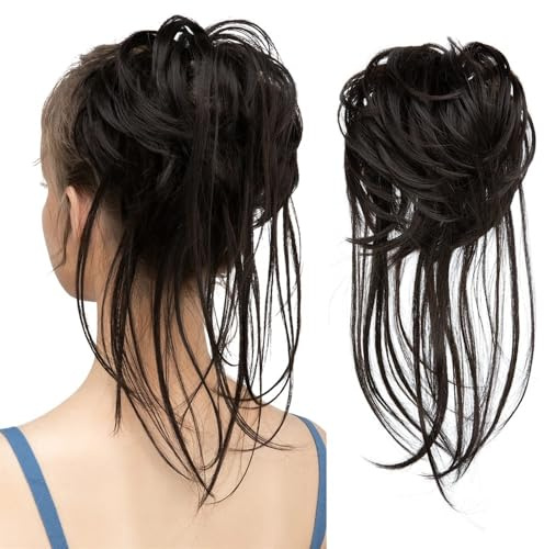 jianjunchaling Messy Bun Haarteil, Zerzauste Hochsteckfrisur Extensions Wellige Wickel Pferdeschwanz Haarteile Scrunchies mit Gummiband for Frauen Hair Ponytail for Women Girls(Balck Brown)